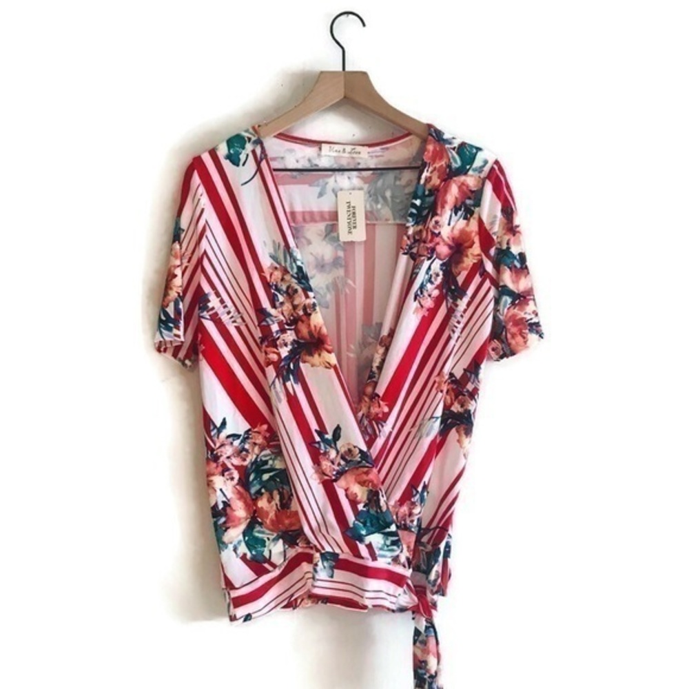 Forever 21 Vine & Love Floral Red Stripe Wrap Tie Front Plunge Short Sleeve Top